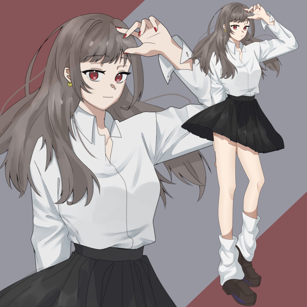 【立ち絵素材】茶髪・ルーズソックス・赤目・ギャル・制服【表情差分有】