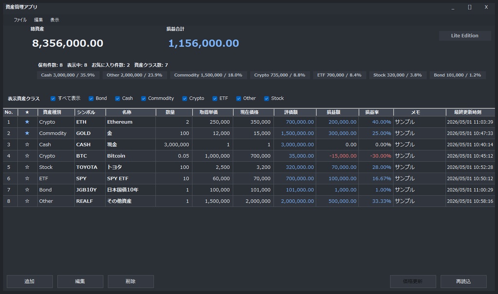AssetMgmt Lite v1.0.0 - ローカル資産管理アプリ