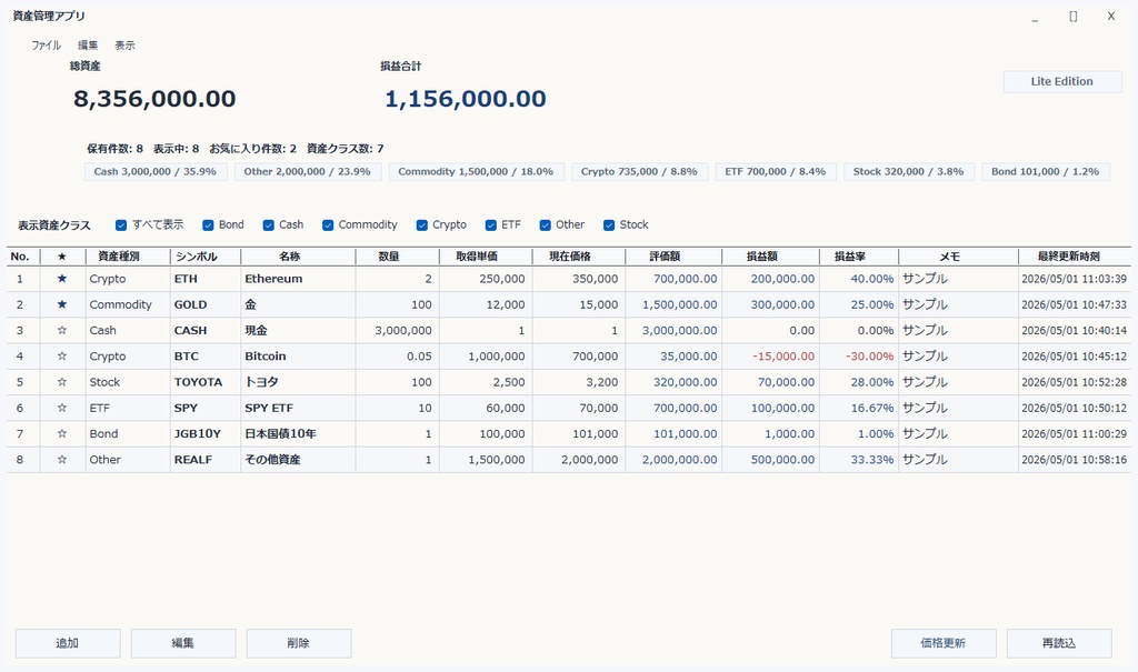 AssetMgmt Lite v1.0.0 - ローカル資産管理アプリ