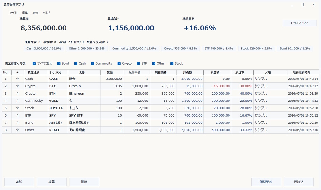 AssetMgmt Lite v1.1.0 - ローカル資産管理アプリ