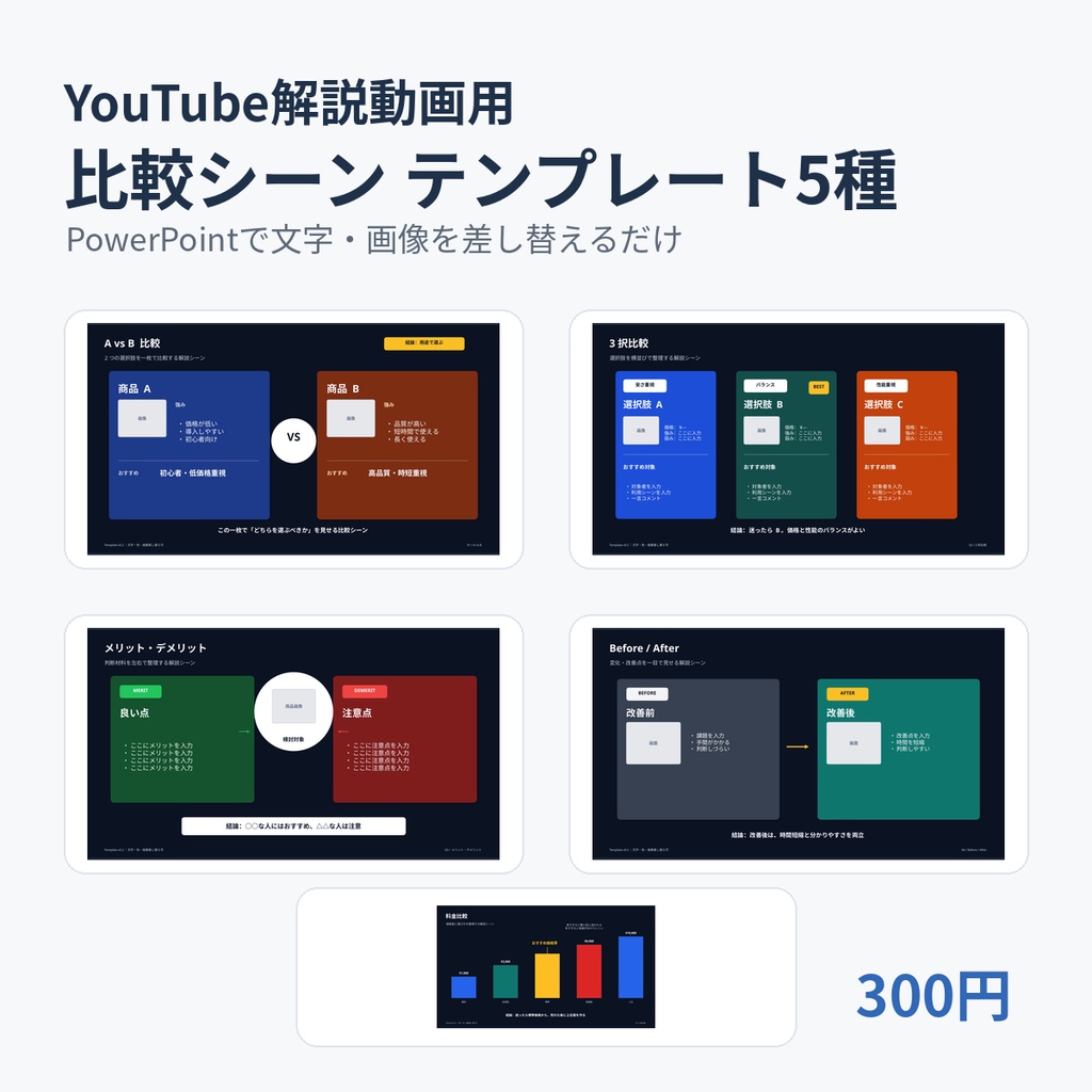 YouTube解説動画用｜比較シーン PowerPointテンプレート5種