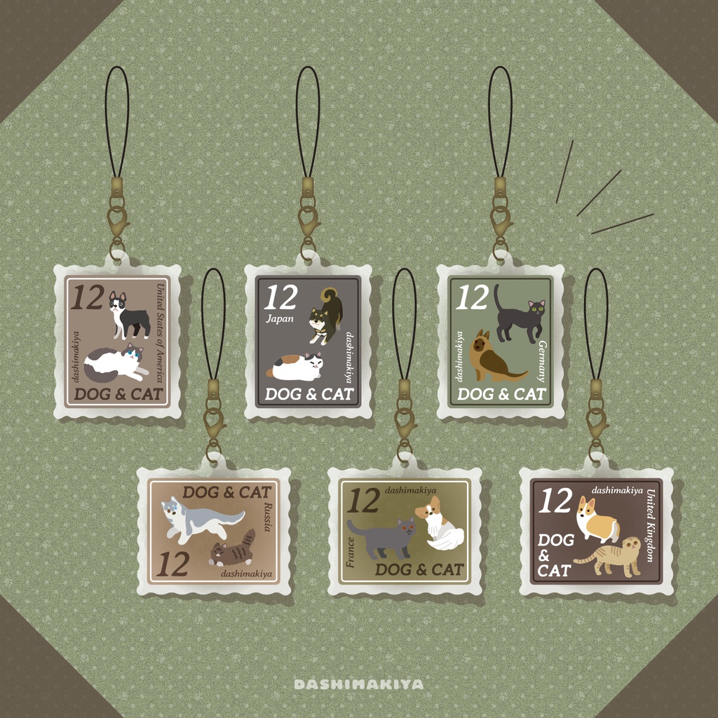 切手風いぬねこアクリルストラップ①