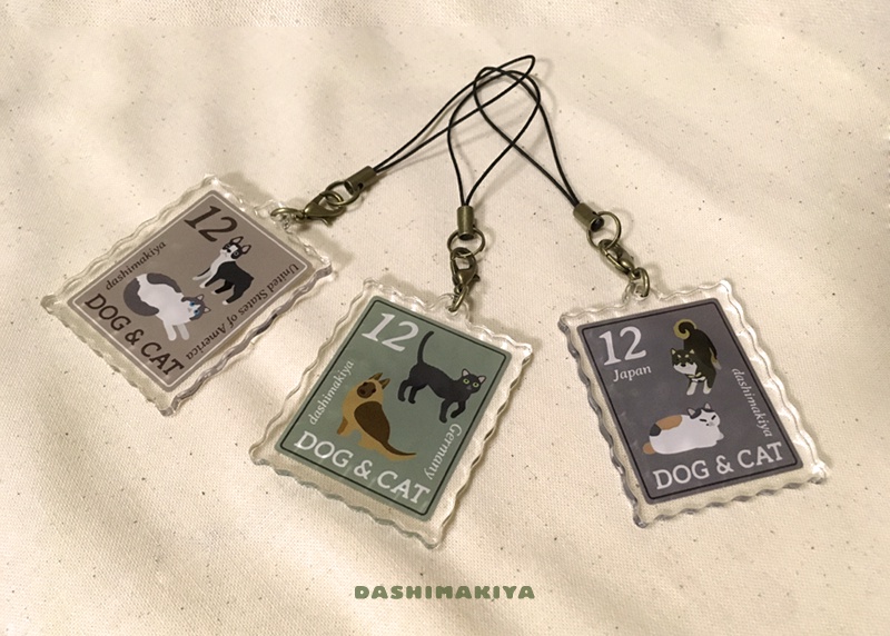 切手風いぬねこアクリルストラップ①