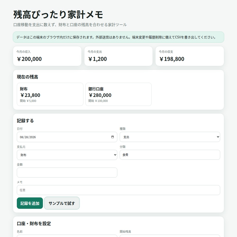 残高ぴったり家計メモ