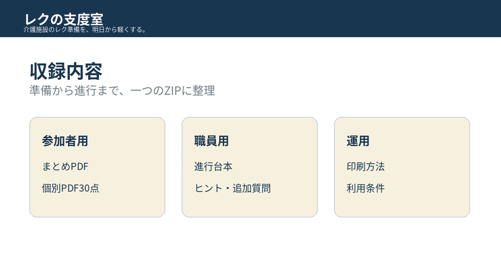 【介護施設・デイサービス向け】30日分レクリエーション運営パック|職員用進行台本付き