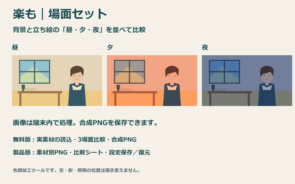 【無料版あり】場面セット｜背景と立ち絵の昼・夕・夜を比較する画像ツール