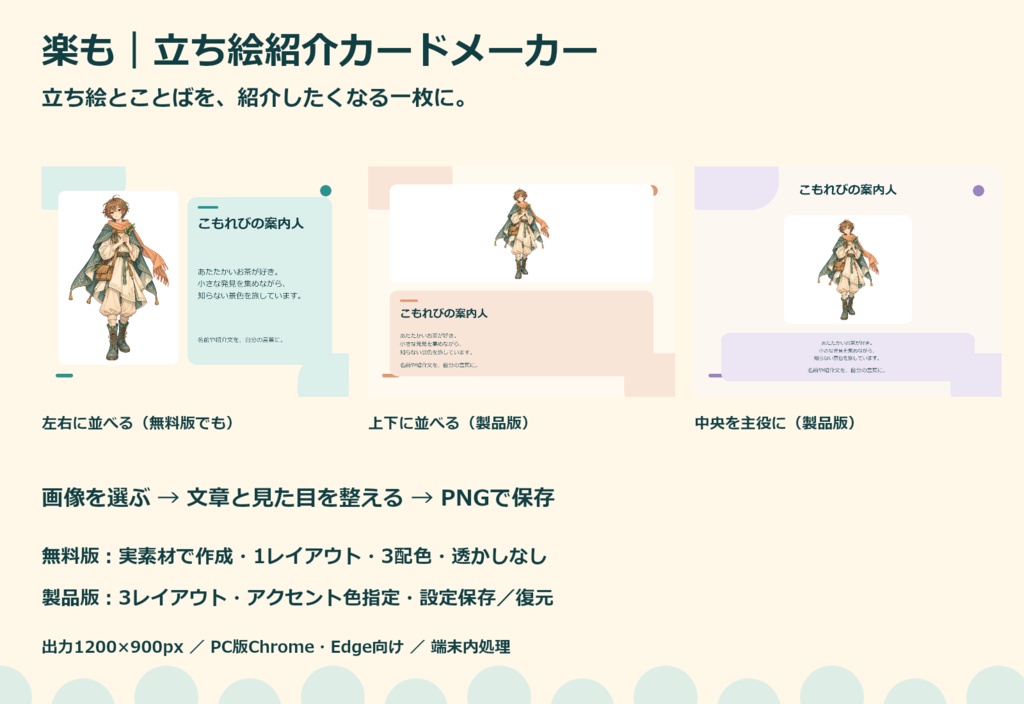【無料版あり】立ち絵紹介カードメーカー|画像と文章からPNG作成【楽も】