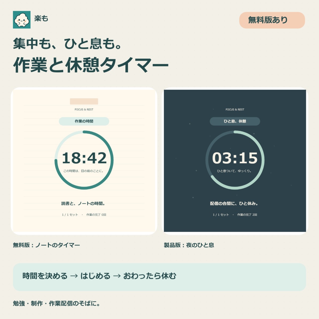 【無料版あり】作業と休憩タイマー｜勉強・制作・作業配信のそばに【楽も】