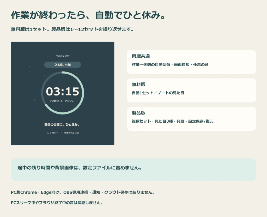 【無料版あり】作業と休憩タイマー|勉強・制作・作業配信のそばに【楽も】