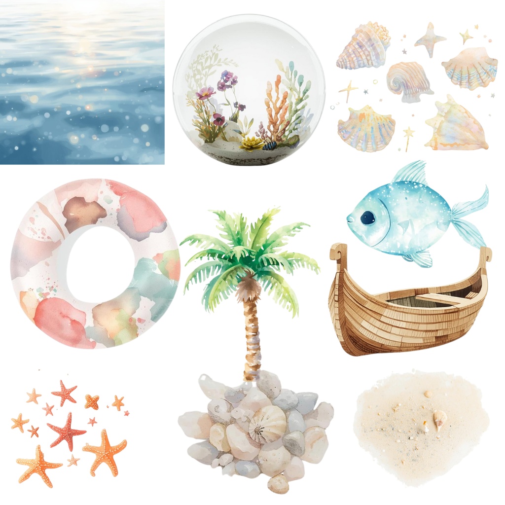 机の上の小さな海|ミニチュアクリップアートセット