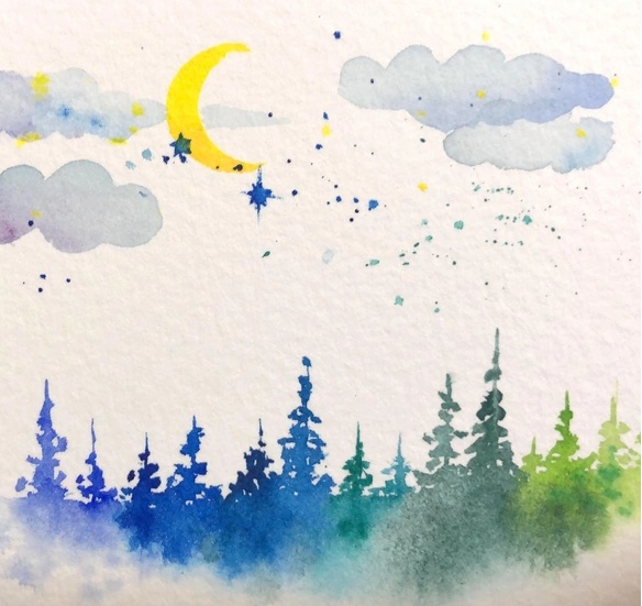 夜の訪れを知らせる月と静かな森 透明水彩 小さな原画 - chiaoart - BOOTH