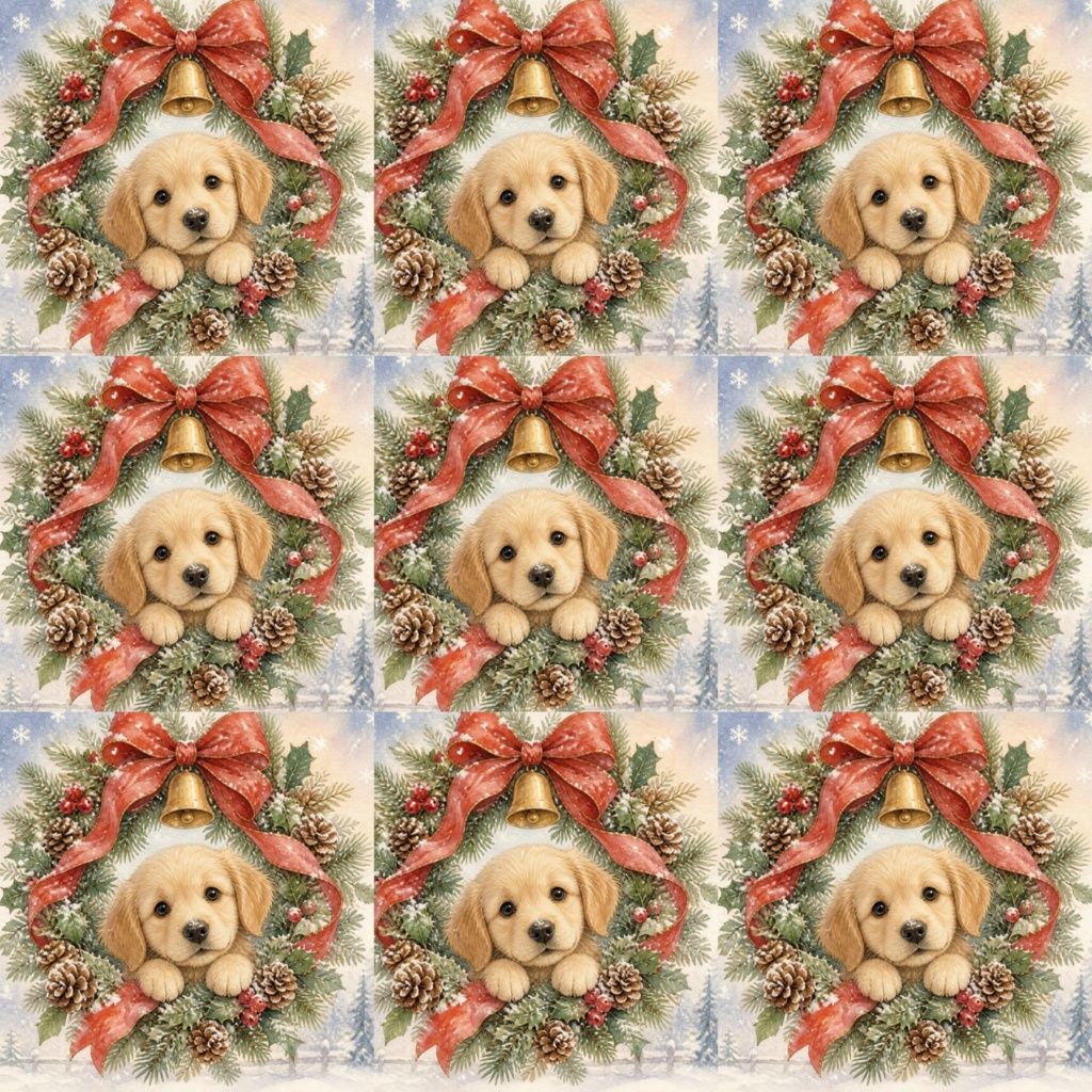 クリスマスリースと子犬