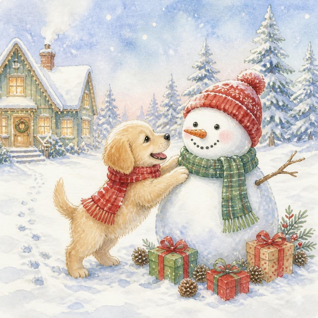 雪だるまと子犬