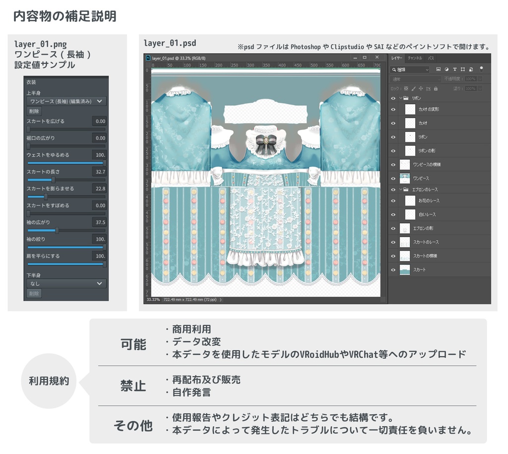 VRoid Studio 兎耳の少女 ロリータエプロンドレスのテクスチャーと髪型のobjファイル