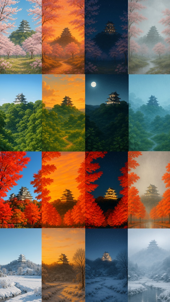 スマホ背景 山城が見守る日本の四季セット