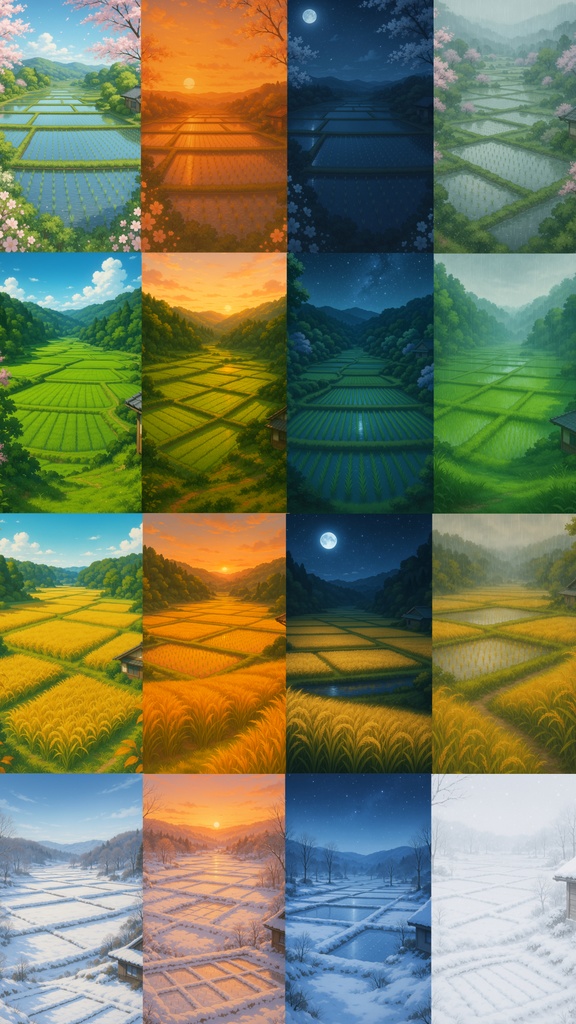 【幻想風景壁紙】　スマホ背景　山間の田園を巡る16の時間｜スマホ用セット