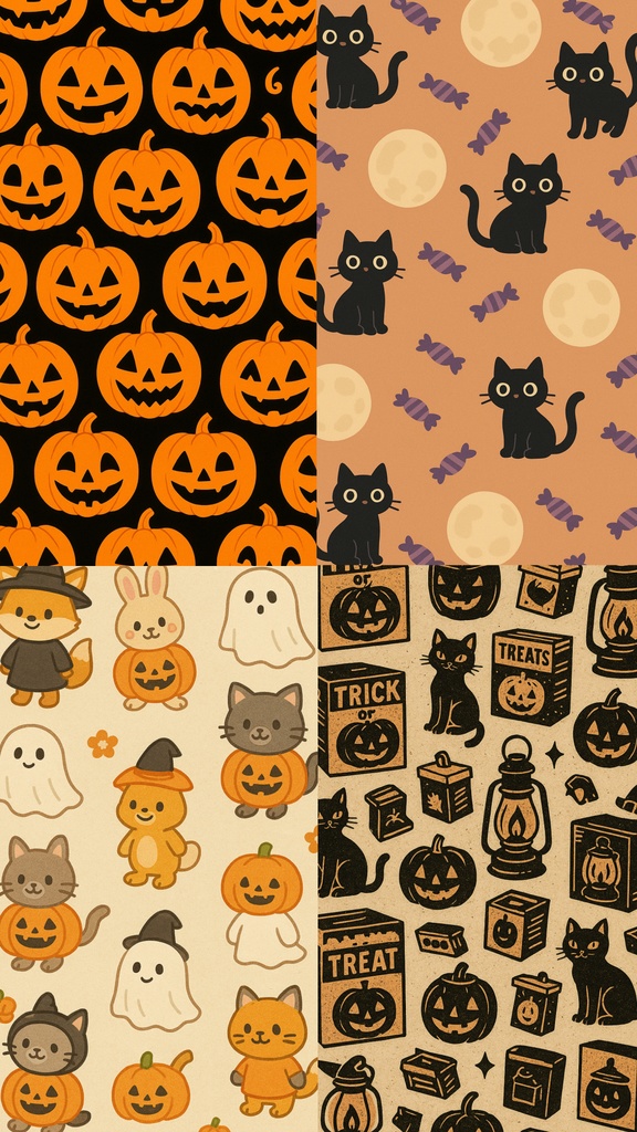 スマホ背景 ハロウィン⑤　ハロウィンパターンズ｜魔女と夜の連続柄壁紙16種セット