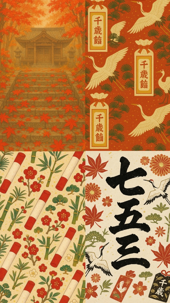 スマホ背景　祝の景色・金箔調｜七五三モチーフ壁紙16種セット