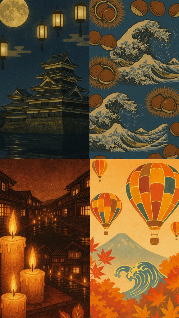 スマホ背景　信州秋彩図・金箔輝｜長野秋イベントモチーフ壁紙16種セット