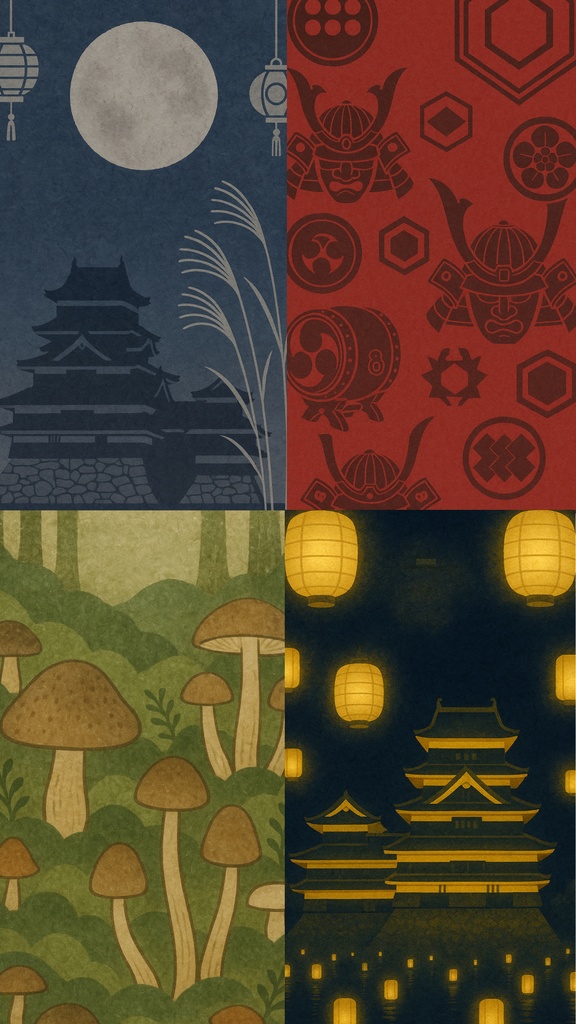 スマホ背景　信州秋彩図・和紙調｜長野の秋イベントモチーフ壁紙16種セット