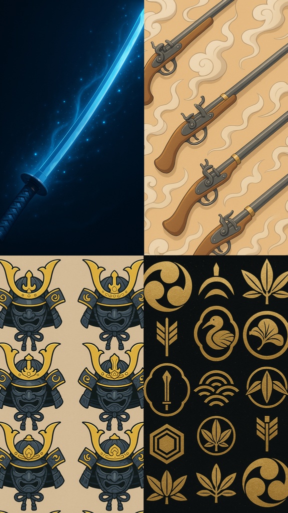 スマホ背景 Spirit of the Samurai|武具モチーフのアニメ調壁紙16種セット