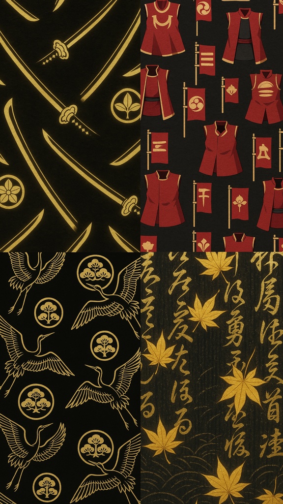スマホ背景 Spirit of the Samurai|武具モチーフのアニメ調壁紙16種セット・金箔版