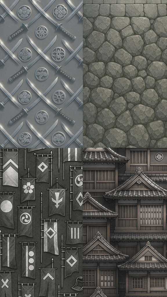 スマホ背景　Spirit of the Samurai｜武具モチーフのアニメ調壁紙16種セット・銀箔版