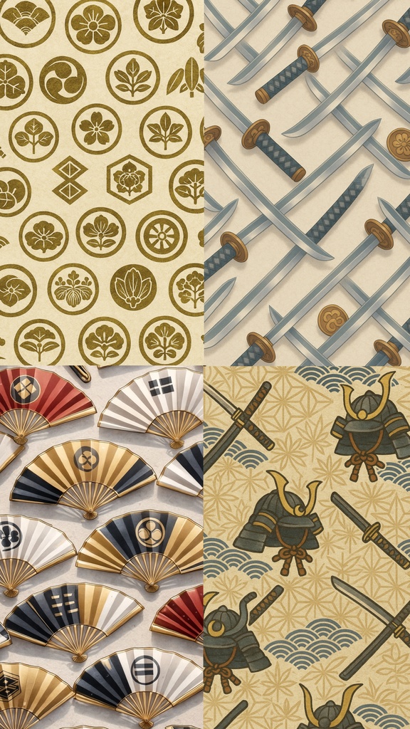 スマホ背景　Spirit of the Samurai｜武具モチーフのアニメ調壁紙16種セット・和紙テクスチャ版