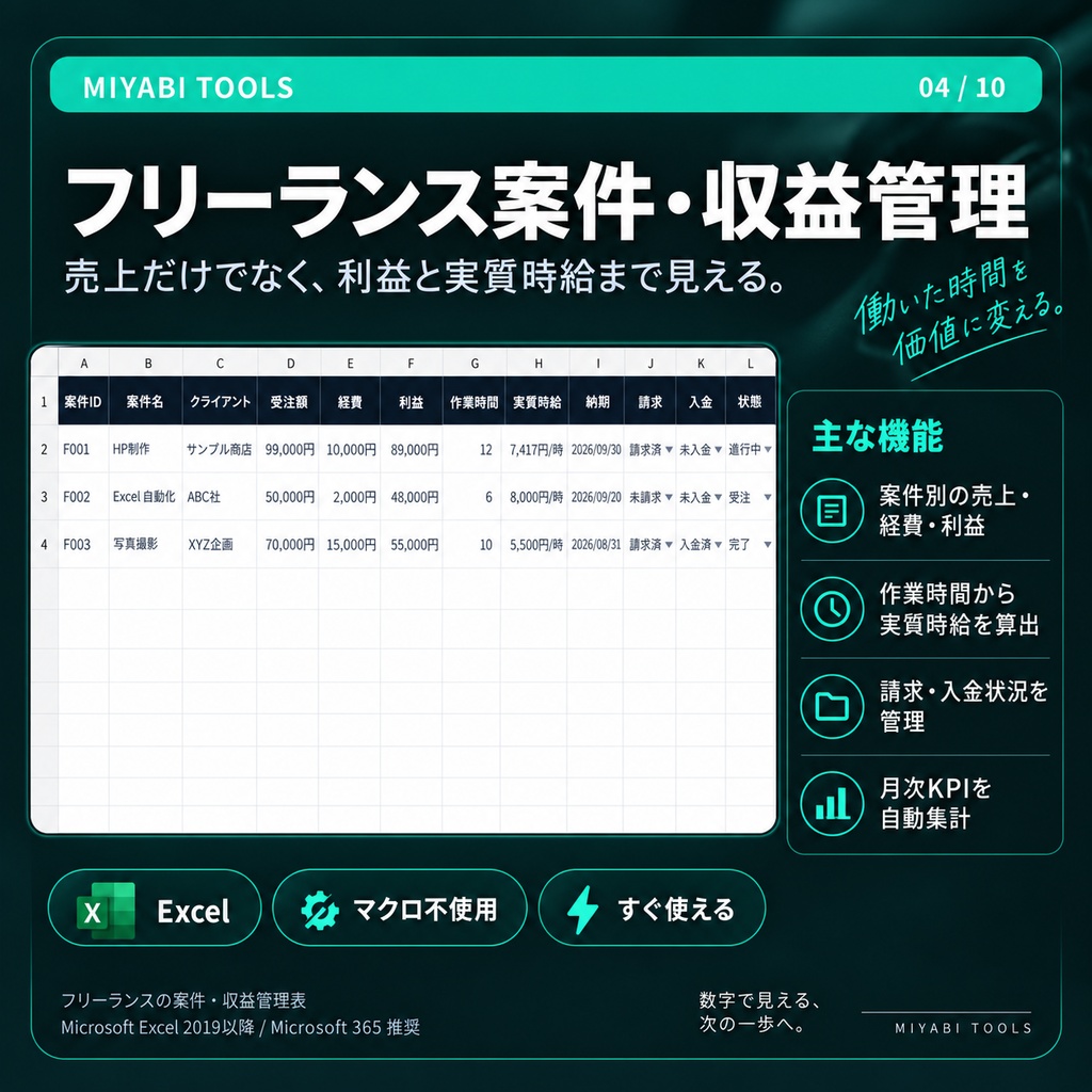 フリーランス案件・収益管理表｜売上・利益・実質時給・入金をまとめて管理【Excel】
