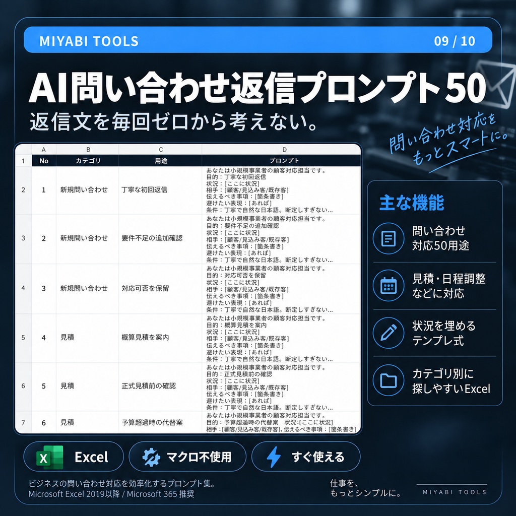 AI問い合わせ返信プロンプト50｜見積・日程調整・顧客対応を効率化【Excel】  価格候補