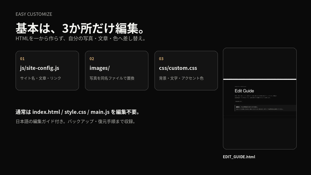 Template A|Mono Black|写真・文章を差し替えるだけのポートフォリオサイト HTMLテンプレート
