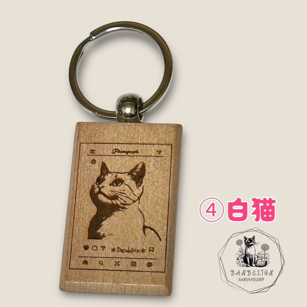 猫スペ事務局さんQRコード付きSNS風猫キーホルダー。木製レーザー刻印