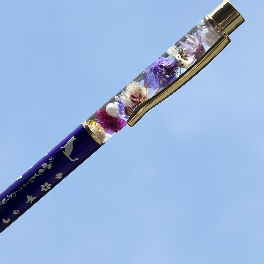 猫柄ハーバリウムボールペン 本体紫×紫ハンドメイド ドライフラワー 文房具 筆記用具 プレゼント 推し活 推しカラー