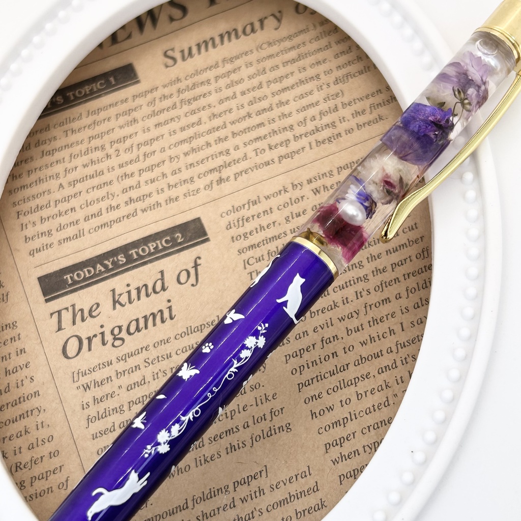 猫柄ハーバリウムボールペン 本体紫×紫ハンドメイド ドライフラワー 文房具 筆記用具 プレゼント 推し活 推しカラー