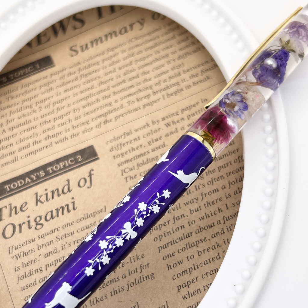 猫柄ハーバリウムボールペン 本体紫×紫ハンドメイド ドライフラワー 文房具 筆記用具 プレゼント 推し活 推しカラー