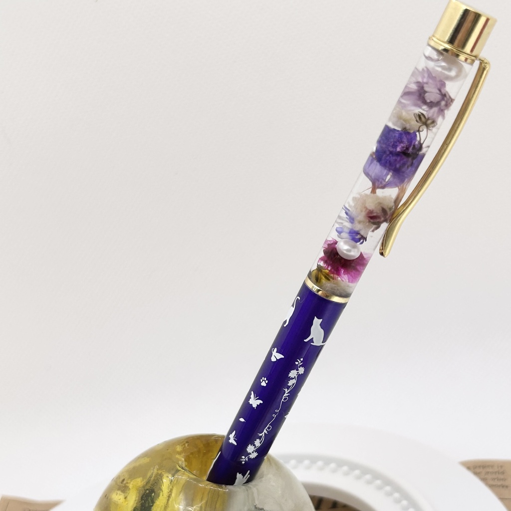 猫柄ハーバリウムボールペン 本体紫×紫ハンドメイド ドライフラワー 文房具 筆記用具 プレゼント 推し活 推しカラー