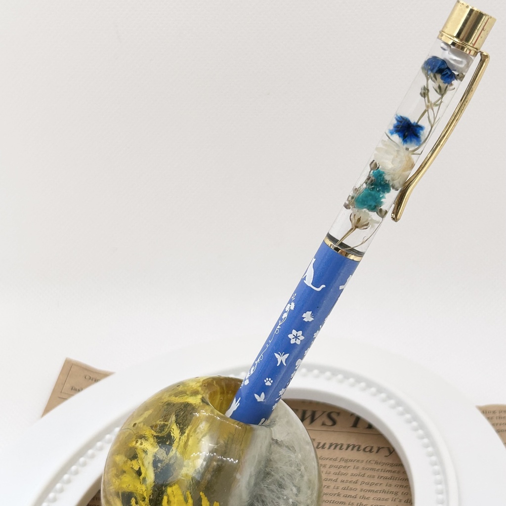猫柄ハーバリウムボールペン 本体青×青ハンドメイド ドライフラワー 文房具 筆記用具 プレゼント 推し活 推しカラー