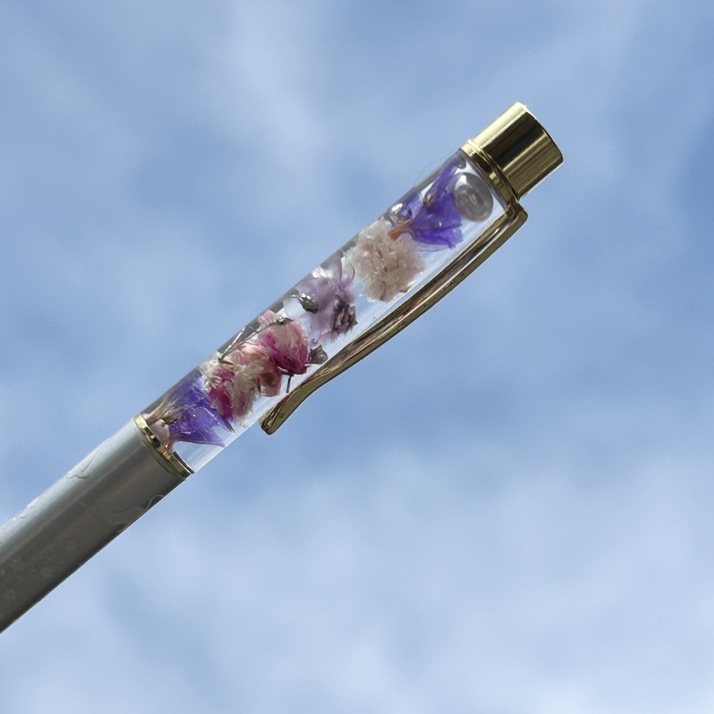 猫柄ハーバリウムボールペン 本体シルバー×紫ピンクハンドメイド ドライフラワー 文房具 筆記用具 プレゼント 推し活 推しカラー