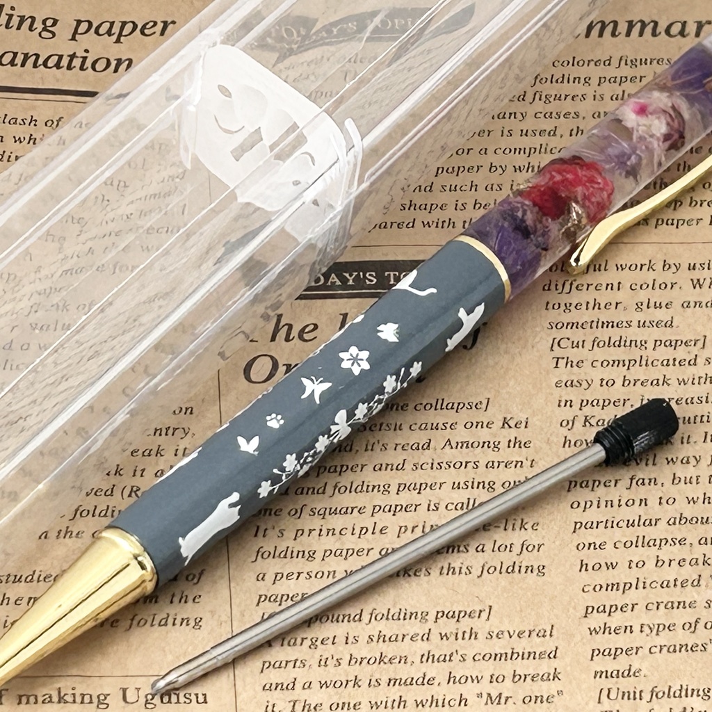 猫柄ハーバリウムボールペン 本体シルバー×紫ピンクハンドメイド ドライフラワー 文房具 筆記用具 プレゼント 推し活 推しカラー