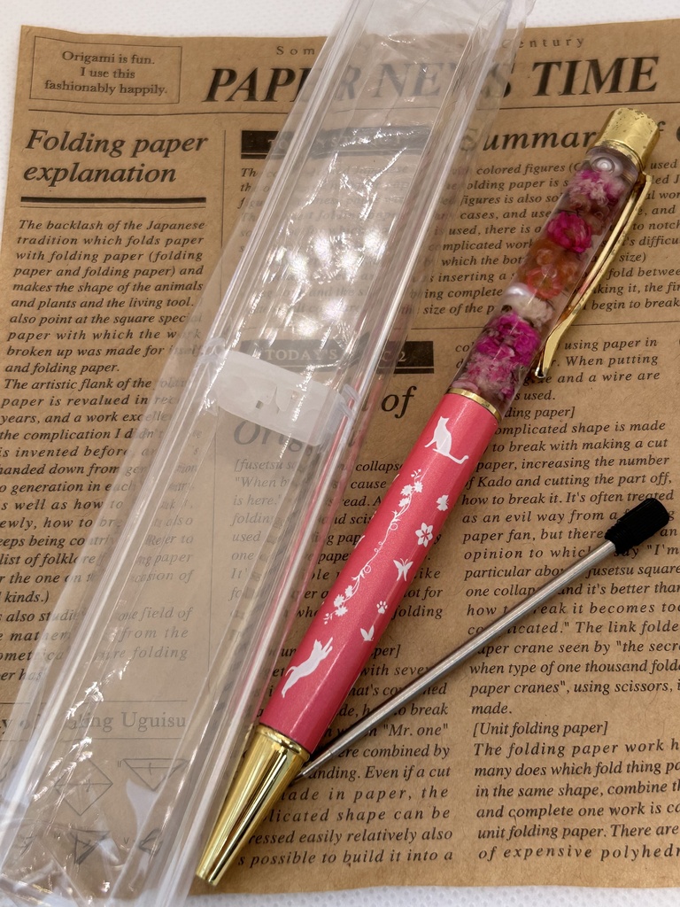 猫柄ハーバリウムボールペン 本体シルバー×紫ピンクハンドメイド ドライフラワー 文房具 筆記用具 プレゼント 推し活 推しカラー