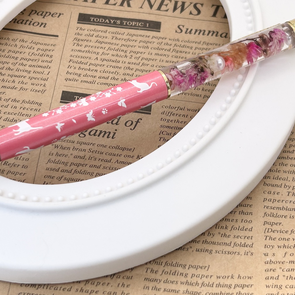 猫柄ハーバリウムボールペン 本体シルバー×紫ピンクハンドメイド ドライフラワー 文房具 筆記用具 プレゼント 推し活 推しカラー