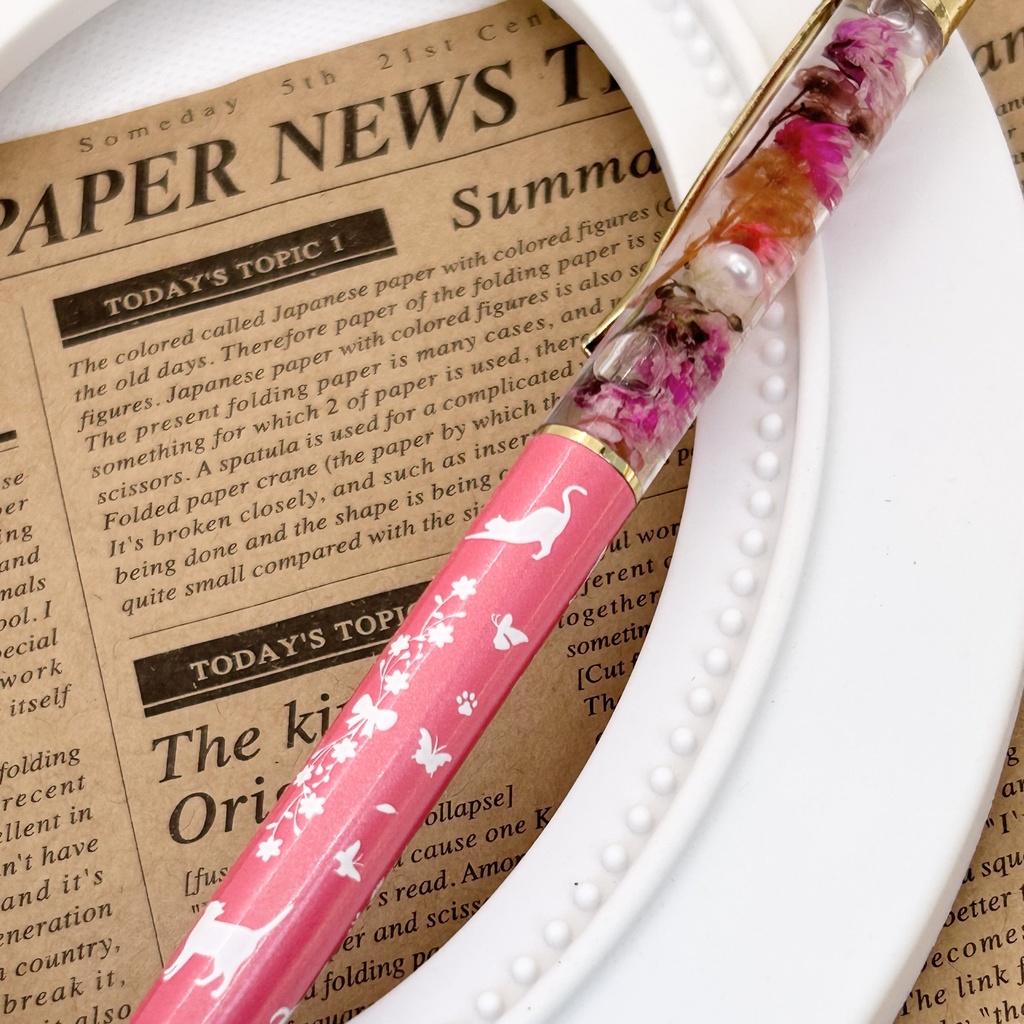 猫柄ハーバリウムボールペン 本体シルバー×紫ピンクハンドメイド ドライフラワー 文房具 筆記用具 プレゼント 推し活 推しカラー