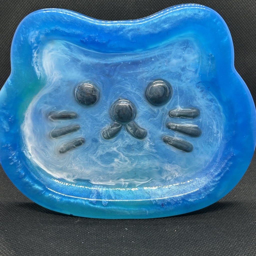 BIG猫フェイストレー 青グラデーション海イメージ アクセサリートレー 小物入れ キャッシュトレー 2液レジン ハンドメイド 