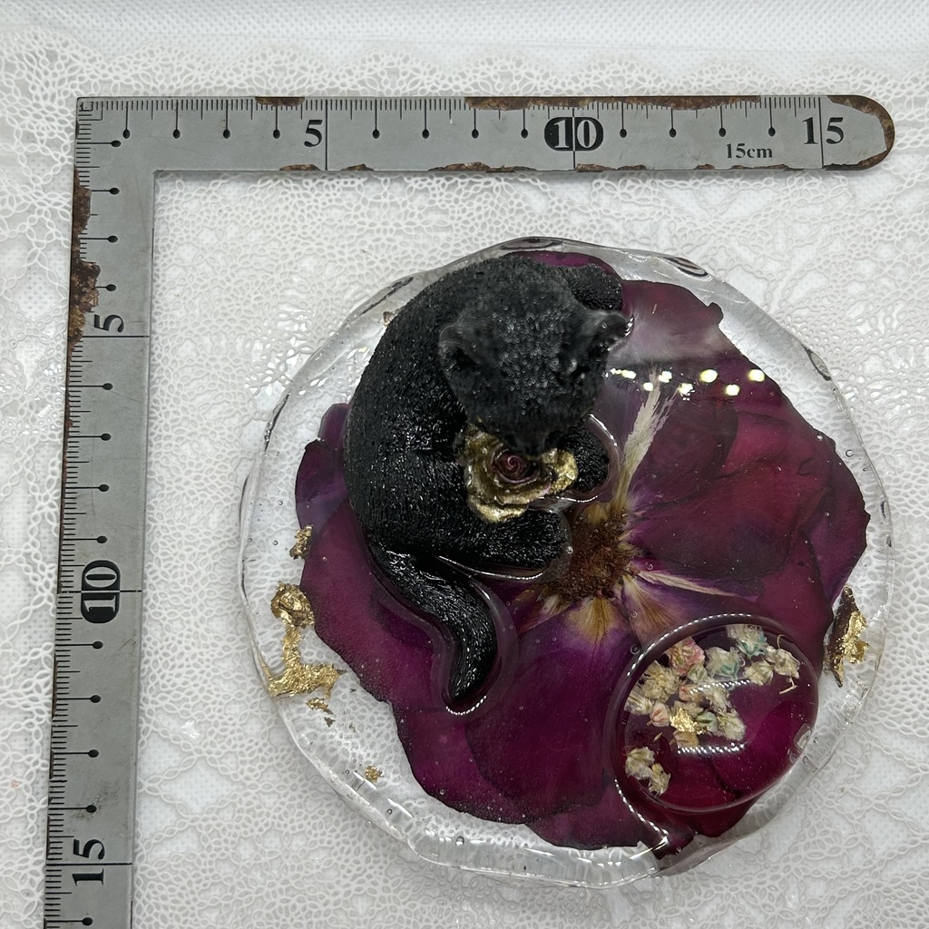 眠り猫は華やかなバラの夢を見る バラ黒猫のアクセサリートレー スマホスタンド メガネスタンド 小物入れ ドライフラワー 赤