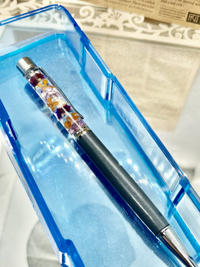 ①名前入れ可!キンモクセイ入りハーバリウムボールペン グレー×オレンジ紫 金具シルバー ハンドメイド 推し活おしゃれギフト