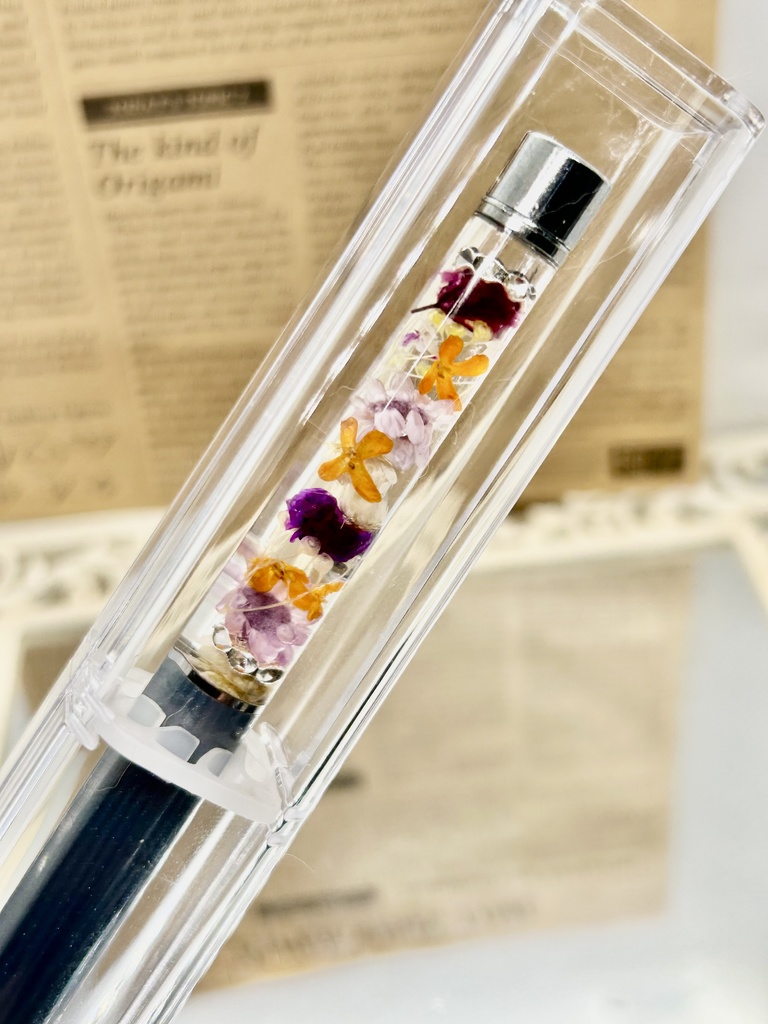 ①名前入れ可!キンモクセイ入りハーバリウムボールペン グレー×オレンジ紫 金具シルバー ハンドメイド 推し活おしゃれギフト
