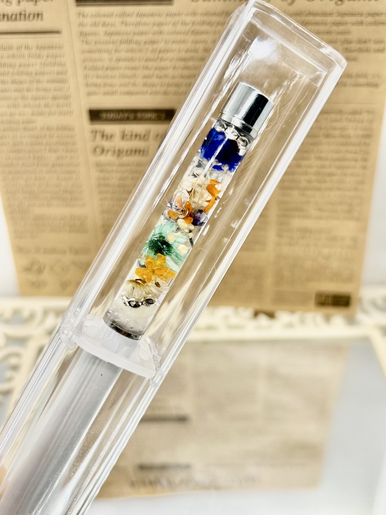 ②名前入れ可!キンモクセイ入りハーバリウムボールペン 白×オレンジ青金具シルバー ハンドメイド 推し活おしゃれギフト