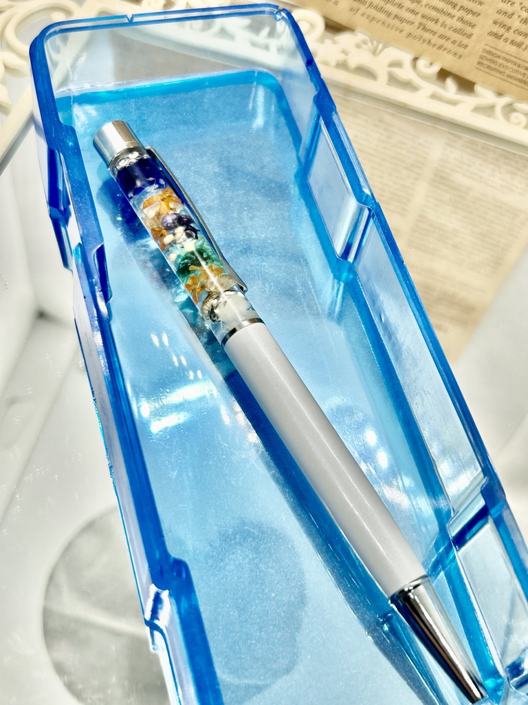 ②名前入れ可!キンモクセイ入りハーバリウムボールペン 白×オレンジ青金具シルバー ハンドメイド 推し活おしゃれギフト