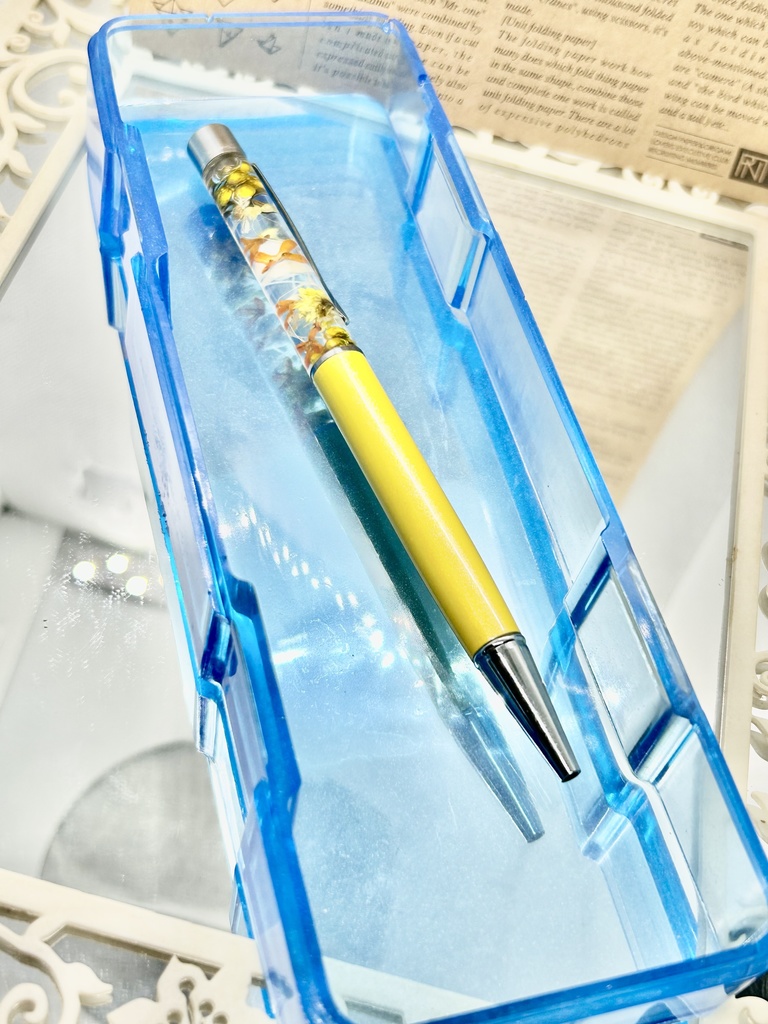 ⑤名前入れ可!キンモクセイ入りハーバリウムボールペン 黄色×黄色オレンジ金具シルバー ハンドメイド 推し活おしゃれギフト