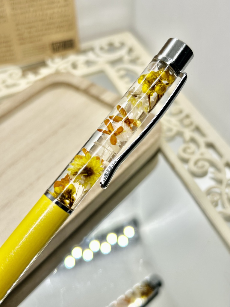 ⑤名前入れ可!キンモクセイ入りハーバリウムボールペン 黄色×黄色オレンジ金具シルバー ハンドメイド 推し活おしゃれギフト